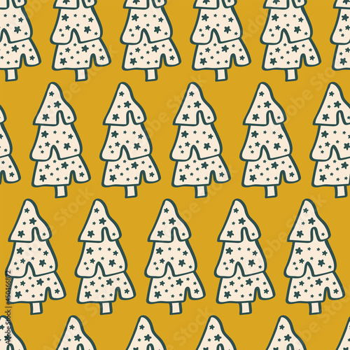 Winter graphic seamless pattern with christmas trees. Hand drawn vector illustration. Wrapping paper Christmas.