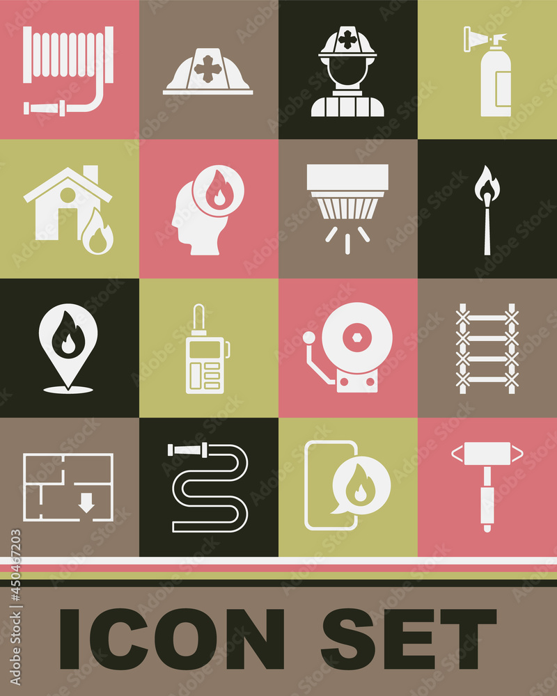 Set Firefighter axe, escape, Burning match with fire, burning house, hose reel and Smoke alarm system icon. Vector Set Firefighter axe, escape, Burning match with fire, burning house, hose reel and Smoke alarm system icon. Vector
