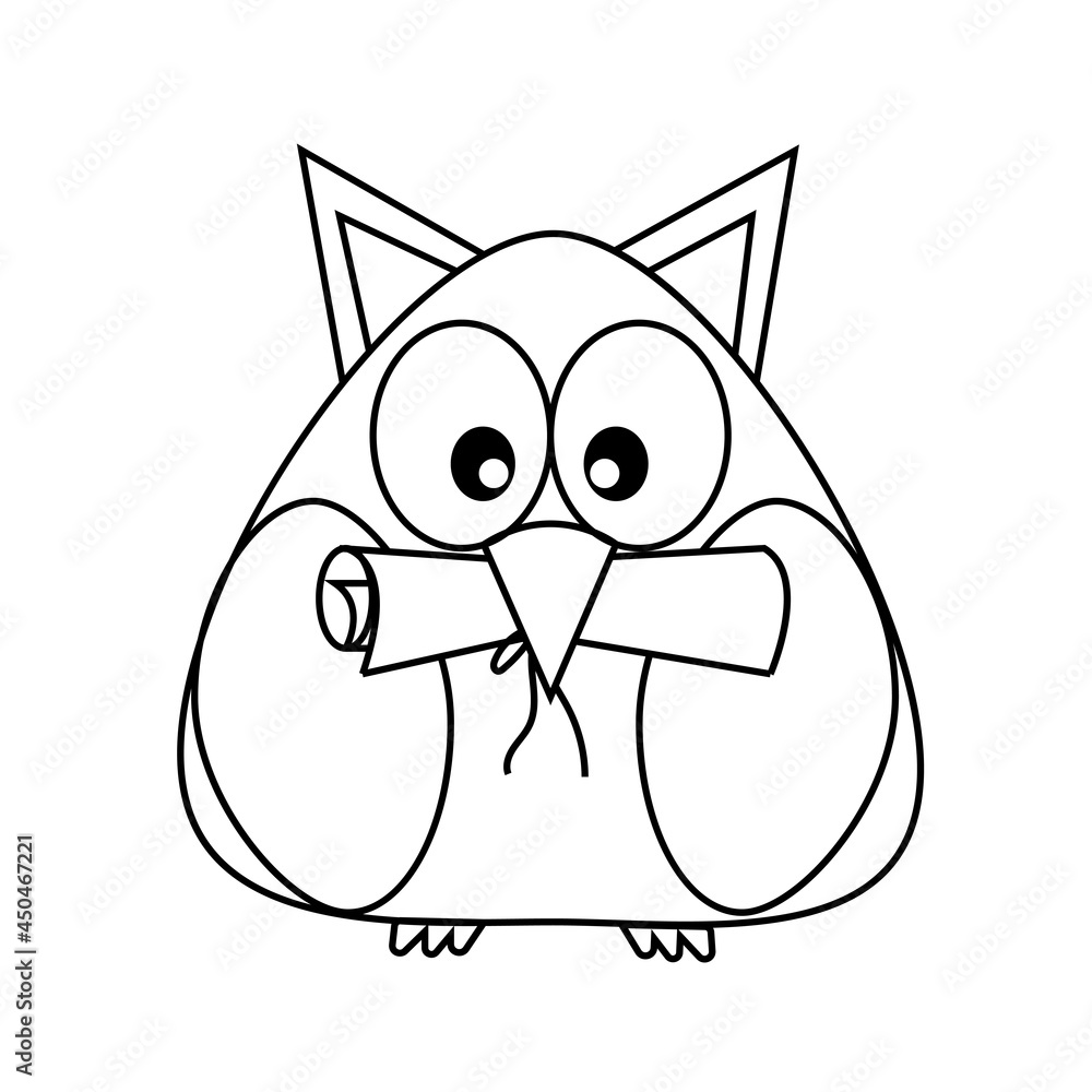 Owl with scroll isolated on white background. Line. Icon. Magic mail. Vector illustration Owl with scroll isolated on white background. Line. Icon. Magic mail. Vector illustration