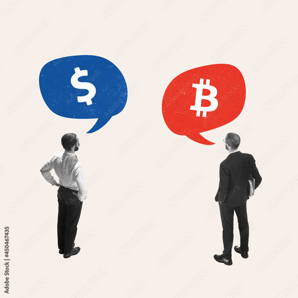 Young man, businessman standing looking at sign of dollar and bitcoin. Concept of finance, economy, professional occupation, business and career. Young man, businessman standing looking at sign of dollar and bitcoin. Concept of finance, economy, professional occupation, business and career.
