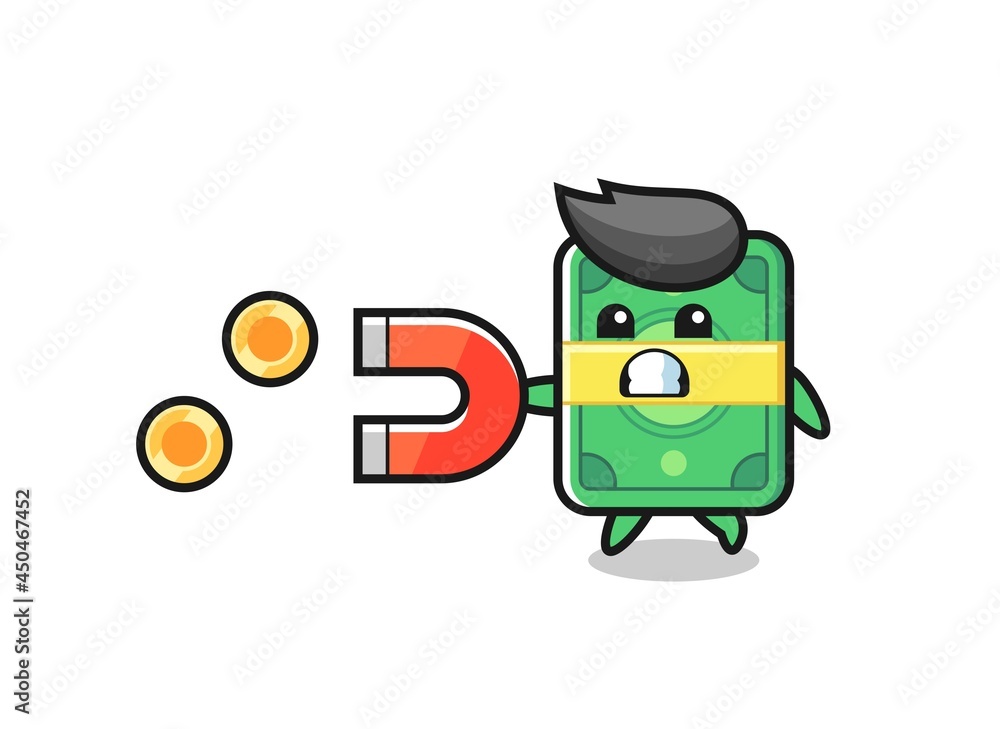 Naklejka premium the character of money hold a magnet to catch the gold coins