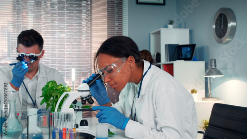 In modern research laboratory black female scientist looking at organic material under microscope while her collegue working in magnifying eyeglasses. photo