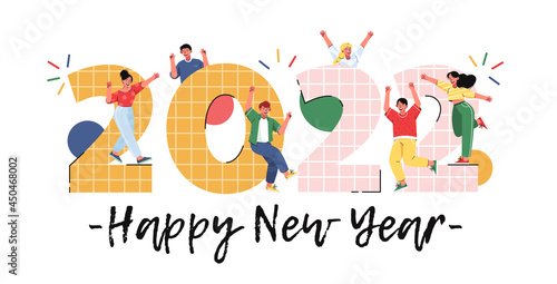 Happy New Year 2022. Joyful people wave their hands. Big numbers 2022. Congratulatory illustration in flat style. 