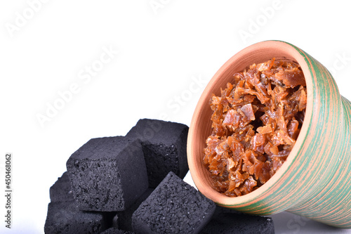 Hookah bowls with tobacco and charcoal for smoking on a white background. Space for text. Banner
