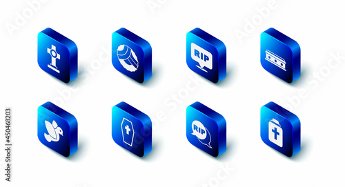 Set Memorial wreath, Speech bubble rip death, Coffin with cross, Funeral urn, Dove and Grave icon. Vector