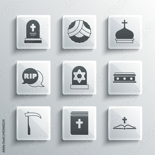 Set Holy bible book, Coffin with cross, Grave star david, Scythe, Speech bubble rip death, tombstone and Church tower icon. Vector