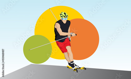 An athlete on roller skis, wearing a protective helmet. Abstract geometric background.