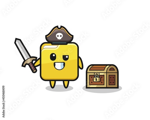 the folder pirate character holding sword beside a treasure box