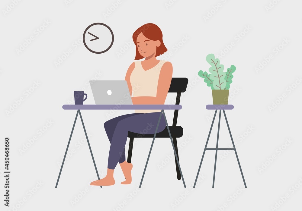 Woman working on laptop computer at home. Freelance, work from home, remote work and home office. Vector illustration in a flat style