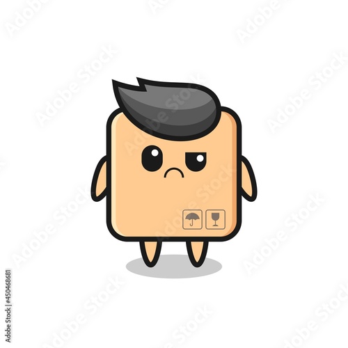 the mascot of the cardboard box with sceptical face