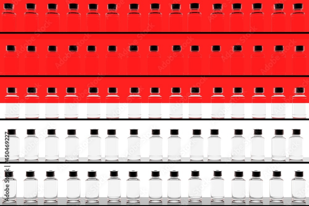 Flag of Indonesia and multiple vaccine vials. Vaccination concept. 3D rendering Flag of Indonesia and multiple vaccine vials. Vaccination concept. 3D rendering
