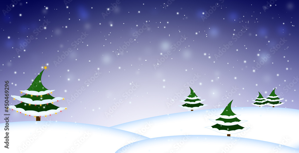 Christmas card. Snowy field with snow-covered fir. Christmas tree decorated with red and yellow toys Night, winter, moon.
