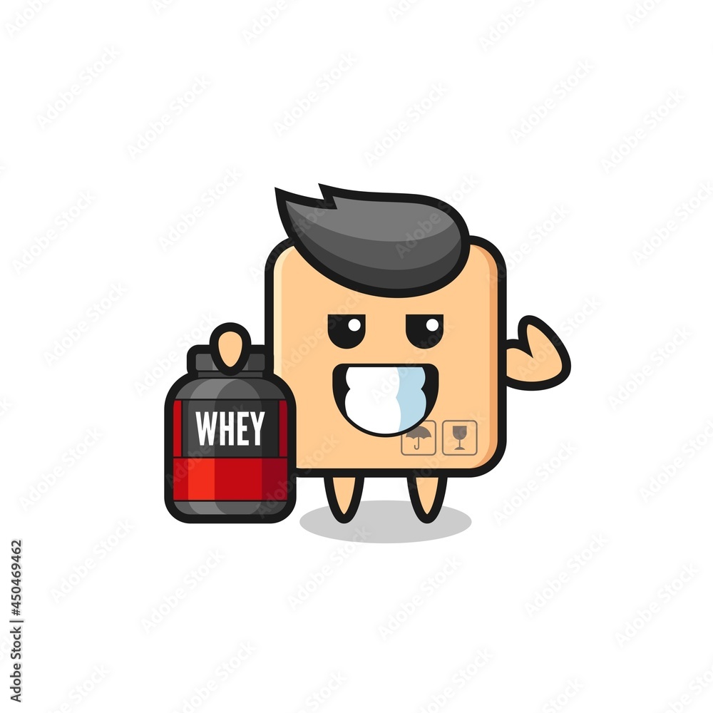 the muscular cardboard box character is holding a protein supplement