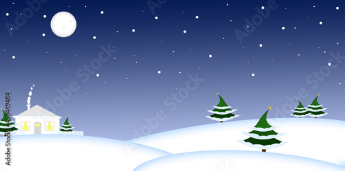 Christmas card. A snow-covered house with smoke from a chimney surrounded by fir trees. Night, winter, moon.
