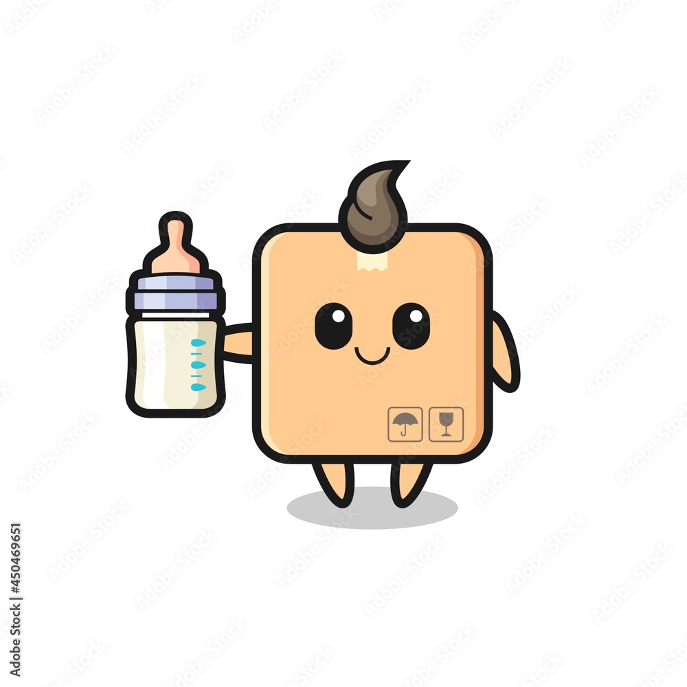 baby cardboard box cartoon character with milk bottle