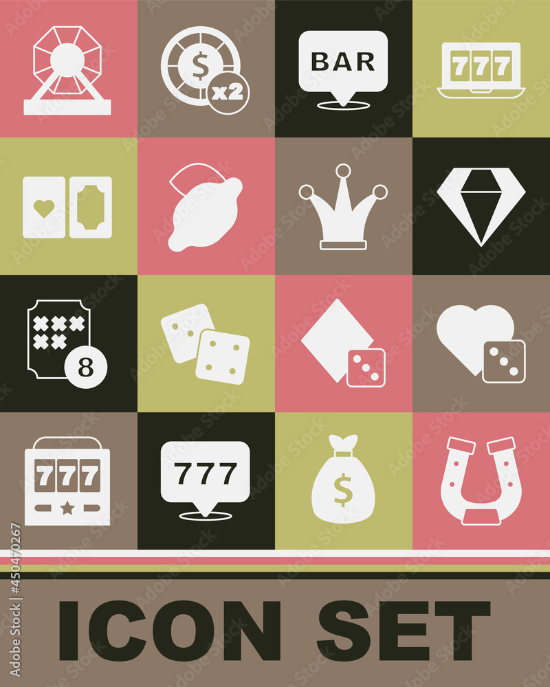 Set Horseshoe, Game dice, Diamond, Alcohol bar location, Casino slot machine with lemon, Deck of playing cards, Lottery and Joker icon. Vector Set Horseshoe, Game dice, Diamond, Alcohol bar location, Casino slot machine with lemon, Deck of playing cards, Lottery and Joker icon. Vector