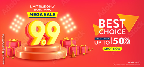 Vector of 9.9 Shopping day Poster or banner with number 9 over on product podium scene.9 september sales banner template design for social media and website.