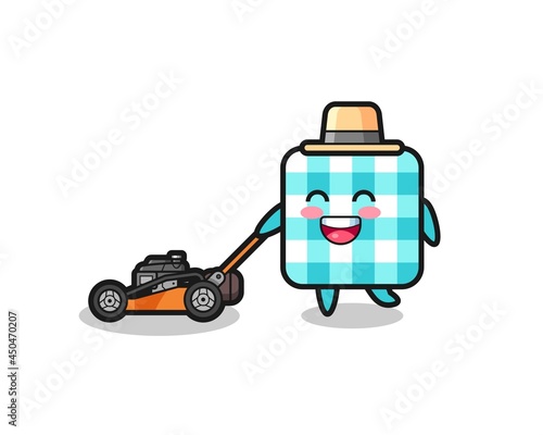 illustration of the checkered tablecloth character using lawn mower