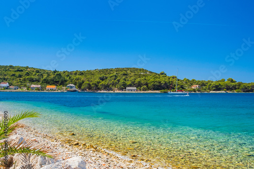 Turquoise lagoon on Adriatic coast in Croatia. Beautiful Mediterranean landscape. Soline bay on Dugi Otok island.