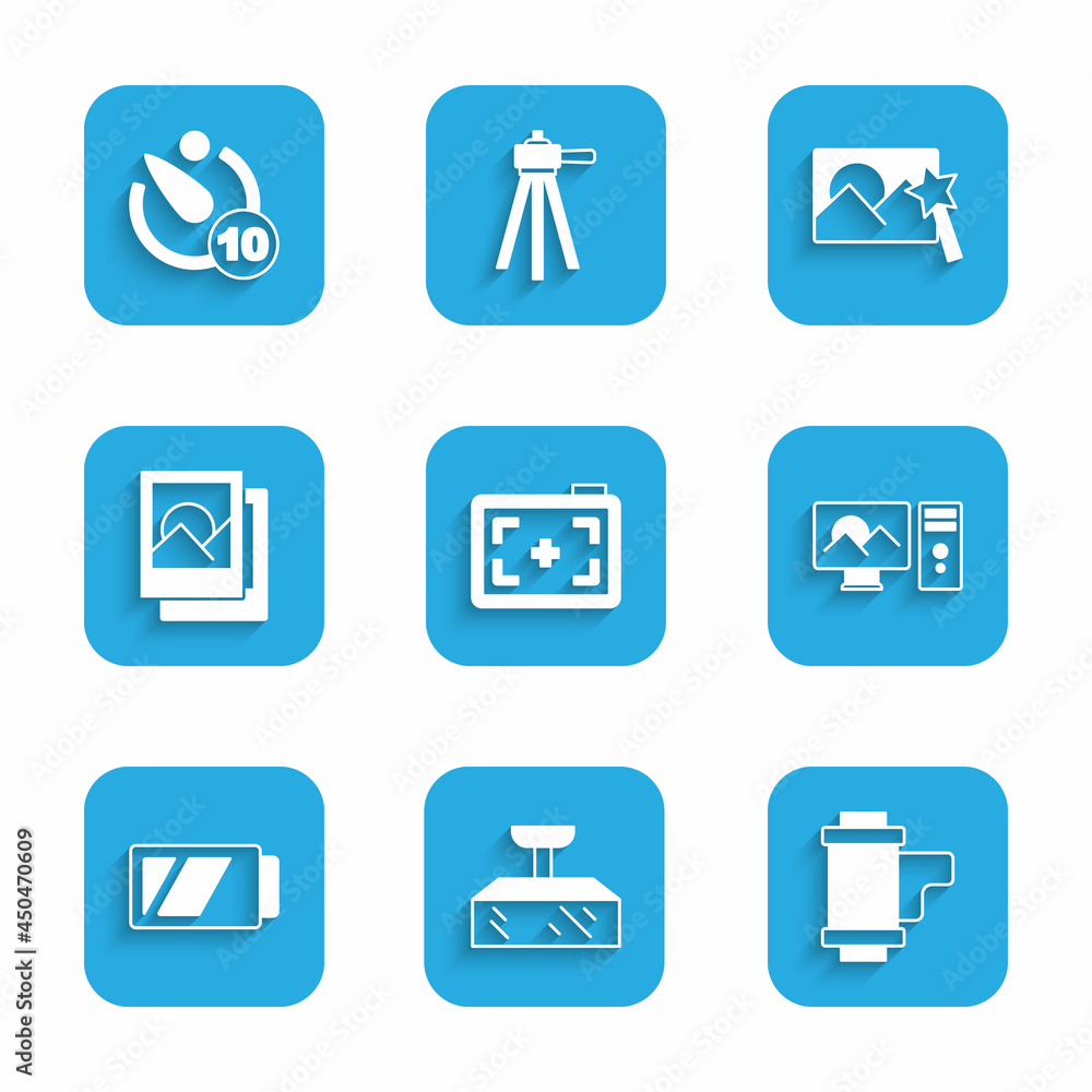 Set Photo camera, Softbox light, Camera roll cartridge, retouching, Battery for, frame, and timer icon. Vector Set Photo camera, Softbox light, Camera roll cartridge, retouching, Battery for, frame, and timer icon. Vector
