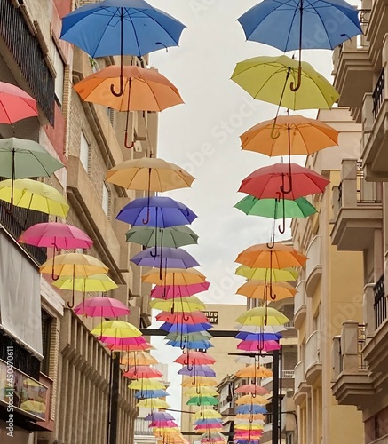 Umbrellas at Commercial street. Motril. Granada. Andalusia. Spain