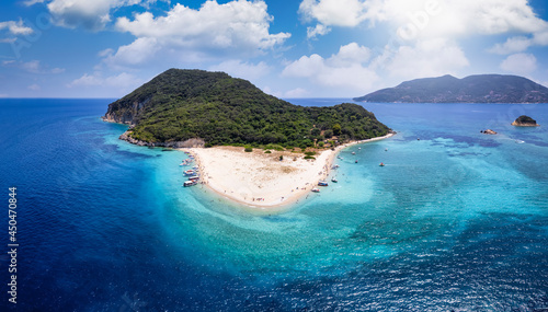 Panoramic view to the beautiful beach of Marathonisi or called Turtle island in the bay of Laganas, Zakynthos, Greece