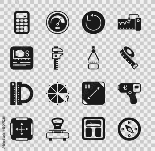 Set Compass, Digital thermometer, Measuring tape, Radius, Calliper or caliper and scale, Area measurement, Calculator and Drawing compass icon. Vector