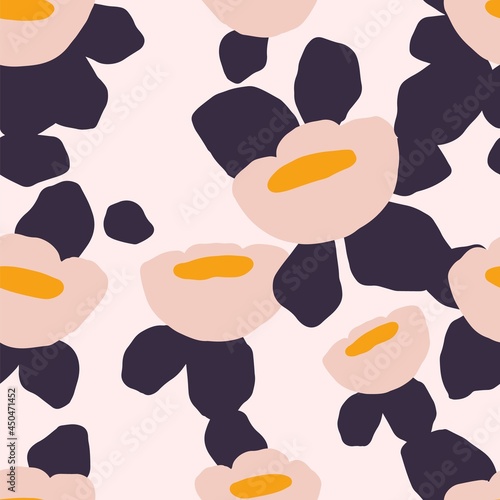 Seamless floral pattern with abstract flowers in simple doodle style. Modern botanical texture for decoration. Design of endless repeatable floristic background for printing. Flat vector illustration