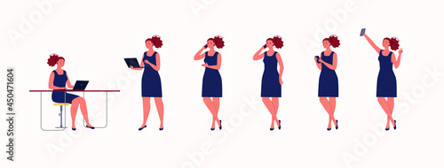 Characters flat vector cartoon illustrations. Confident, successful people. Woman works at computer, takes selfie, talks on phone, communicates via messenger.Set of poses and actions of business lady.