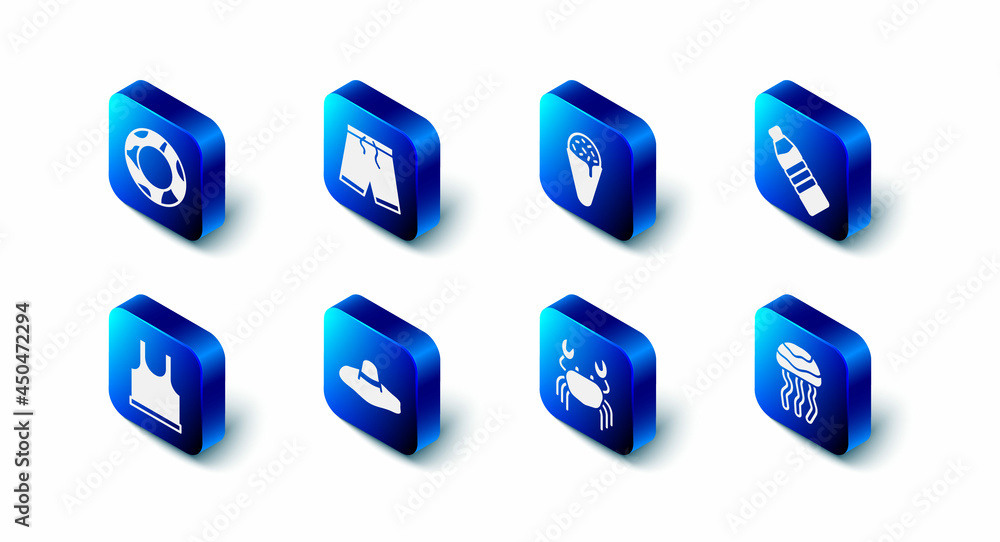 Set Swimming trunks, Ice cream waffle cone, Bottle of water, Jellyfish, Crab, Elegant women hat, Sleeveless T-shirt and Rubber swimming ring icon. Vector Set Swimming trunks, Ice cream waffle cone, Bottle of water, Jellyfish, Crab, Elegant women hat, Sleeveless T-shirt and Rubber swimming ring icon. Vector