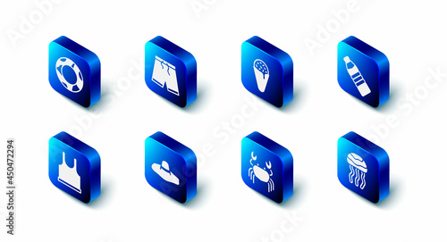Set Swimming trunks, Ice cream waffle cone, Bottle of water, Jellyfish, Crab, Elegant women hat, Sleeveless T-shirt and Rubber swimming ring icon. Vector