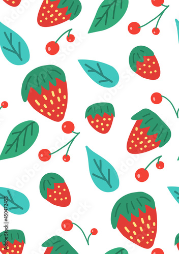 Simplcity seamless pattern with various berries. Vector cartoon natural texture. Hand drawn flat strawberry, lingonberry and cranberry with foliage on white background. Fruit background for wallpaper