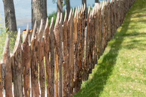 Eco wooden fence with sharpened sharp logs on green grass