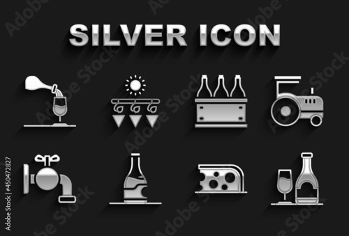 Set Bottle of wine, Tractor, Wine bottle with glass, Cheese, Tap for barrel, Bottles box, tasting, degustation and Drying grapes icon. Vector