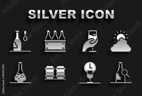 Set Wooden barrel for wine, Sun and cloud weather, Bottle of, Wine time, Decanter, tasting, degustation, temperature and Bottles box icon. Vector