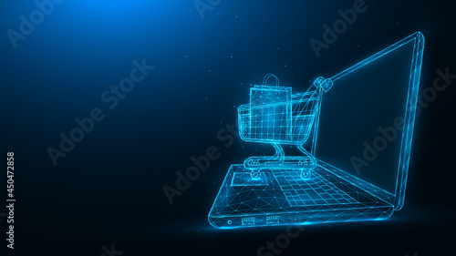 Online shopping, retail and ecommerce. Polygonal illustration of a laptop and a shopping cart on a blue background. Ecommerce store concept.