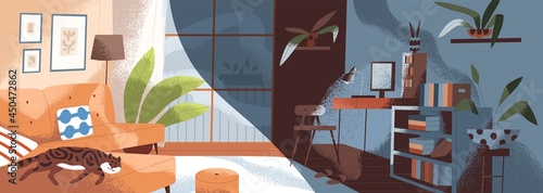 Same modern living room in day and night time. Cozy home apartment in morning and afternoon. Daytime and nighttime in livingroom. Flat vector illustration of interior panorama in light and darkness