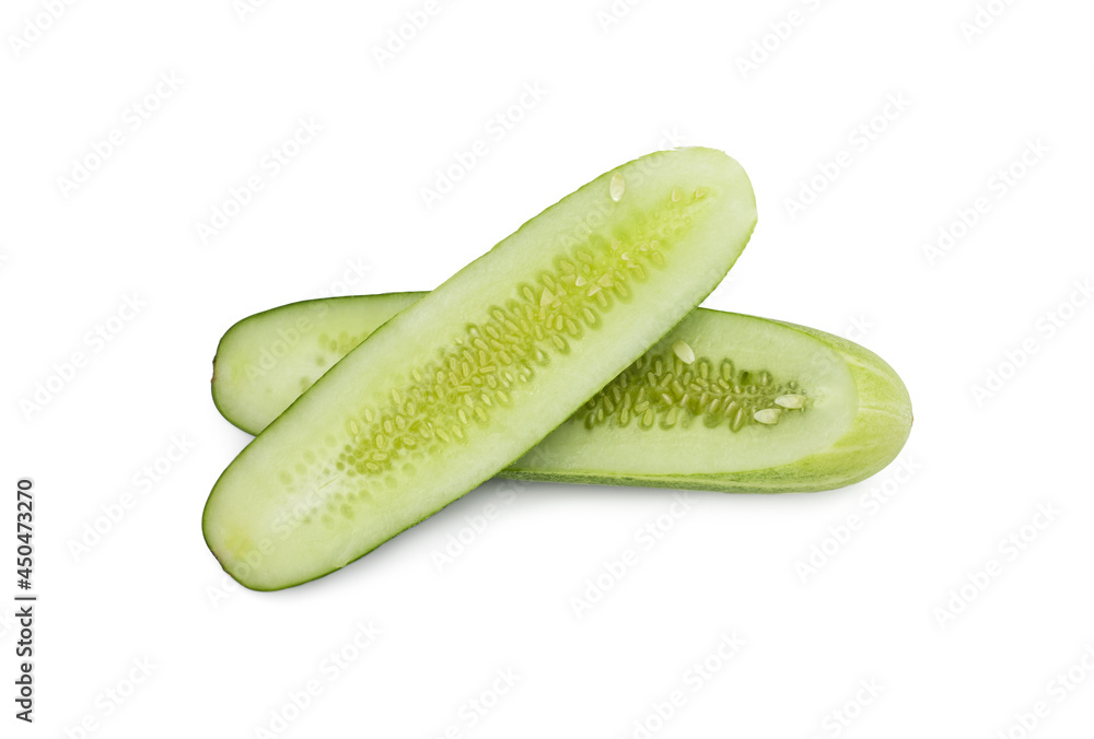 Sliced cucumber inner side close up view on isolated white background Sliced cucumber inner side close up view on isolated white background