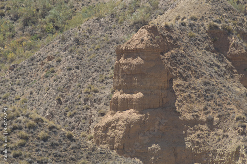 Badlands mountains a sunny day, Gorafe, Granada, Spain. Detail photo