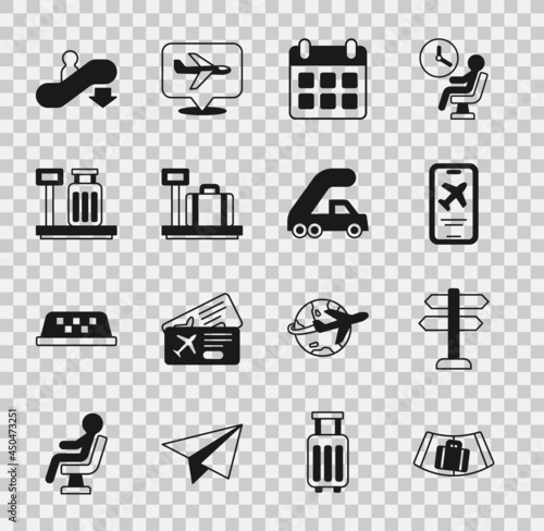 Set Conveyor belt with suitcase, Road traffic sign, Mobile ticket, Calendar and airplane, Scale, Escalator down and Passenger ladder for boarding icon. Vector