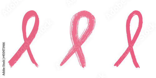 Set of various pink ribbon - breast cancer awareness symbol. Collection of grunge textured hand drawn ink paint strokes. Clip art, vector design element for healthcare medical concept isolated.