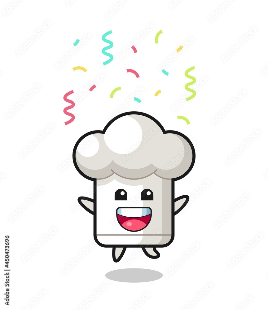 happy chef hat mascot jumping for congratulation with colour confetti