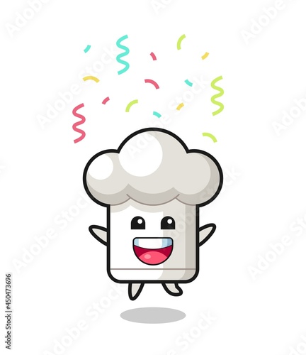 happy chef hat mascot jumping for congratulation with colour confetti