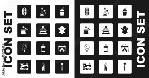 Set Paper glass with water, Boat swing, Magic hat and wand, Hotdog sandwich, Ghost, Striker attraction hammer, Circus tent and Cotton candy icon. Vector