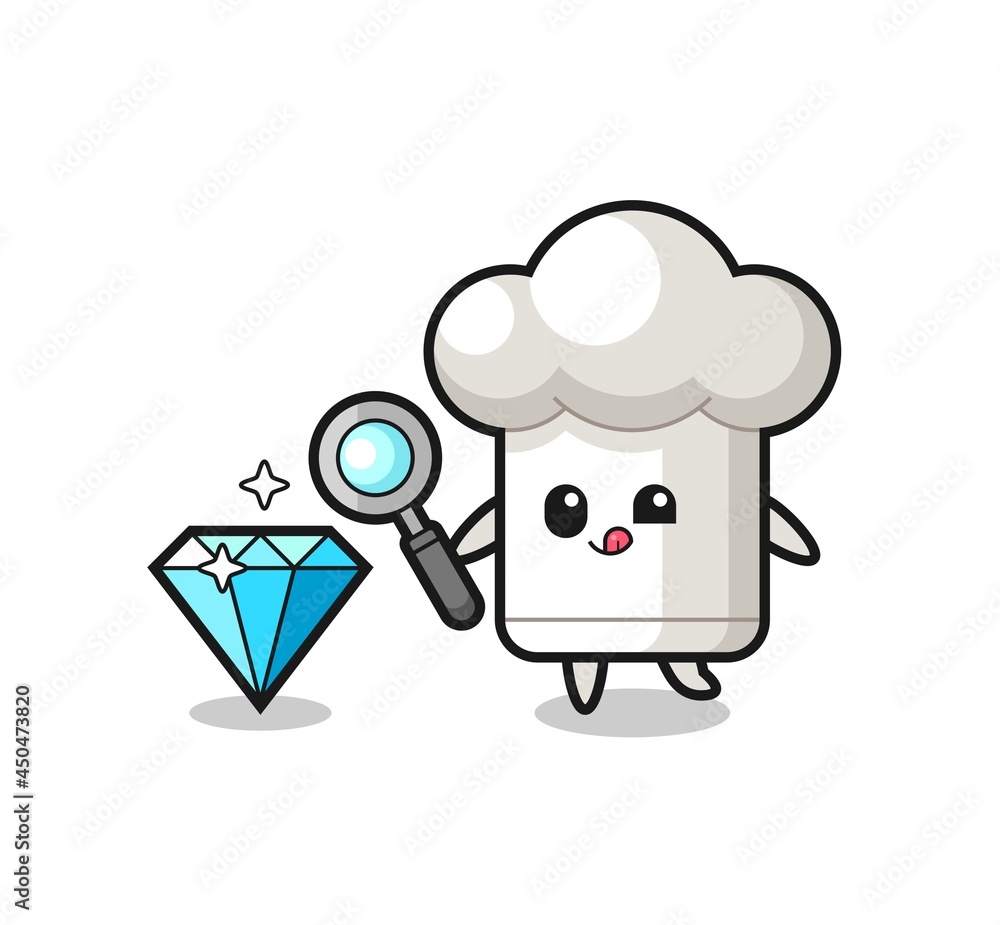 chef hat mascot is checking the authenticity of a diamond