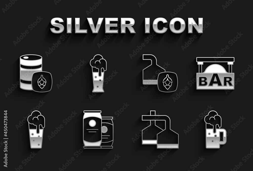 Set Beer can, Street signboard with Bar, Wooden beer mug, brewing process, Glass of, Metal keg and icon. Vector Set Beer can, Street signboard with Bar, Wooden beer mug, brewing process, Glass of, Metal keg and icon. Vector