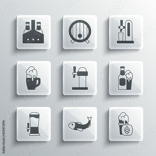 Set Dried fish, Glass of beer, Beer bottle and glass, Dispenser, tap, Pack bottles and with icon. Vector