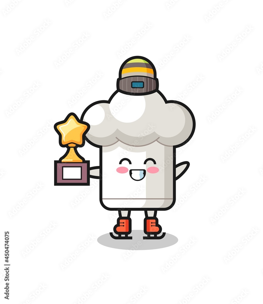 chef hat cartoon as an ice skating player hold winner trophy