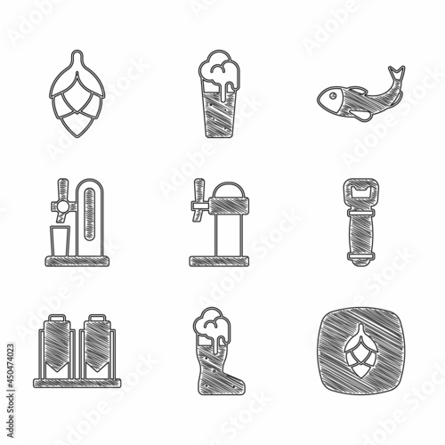 Set Dispenser beer, Boot glass, Hop, Bottle opener, Beer brewing process, tap with, Dried fish and icon. Vector