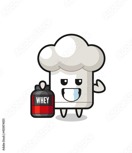 the muscular chef hat character is holding a protein supplement